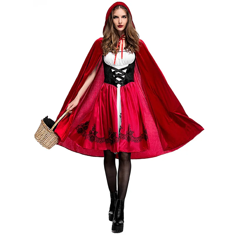 Adult Women Halloween Costume Little Red Riding Hooded Robe Lady Embroidery Dress Party Cloak Outfit For Girls Plus Size XXXL