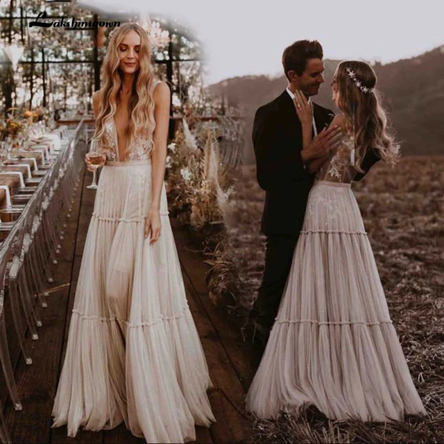 Vestido De Novia Hippie Bohemio Sin Mangas Con Cuello En V Falda Fruncida De Tul Elegante De Mariee Vestidos De Novia AliExpress