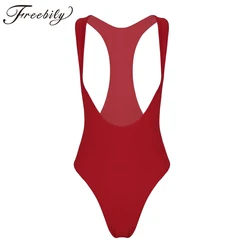 Women One Piece Bodystocking Sleeveless Open Chest High Cut Catsuit Solid Color Leotard Bodysuit Thong Swimsuit Sexy Clubwear