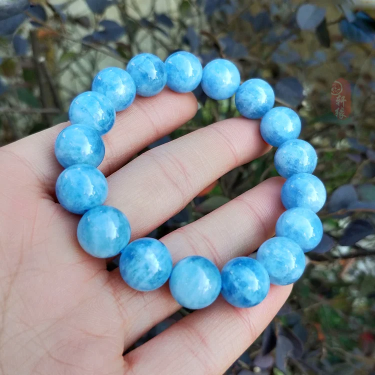 Fine Natural Blue Crystal Jade Bangle jadeite Hand Carved Bead Bracelet Amulet Lucky 9mm Bead