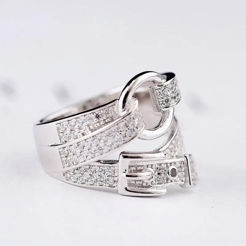 60% Silver Rings for Women Cubic Zircon Punk Rock Belt 925 Sterling Silver Female Wide Finger Ring Adjustable Bague Gift