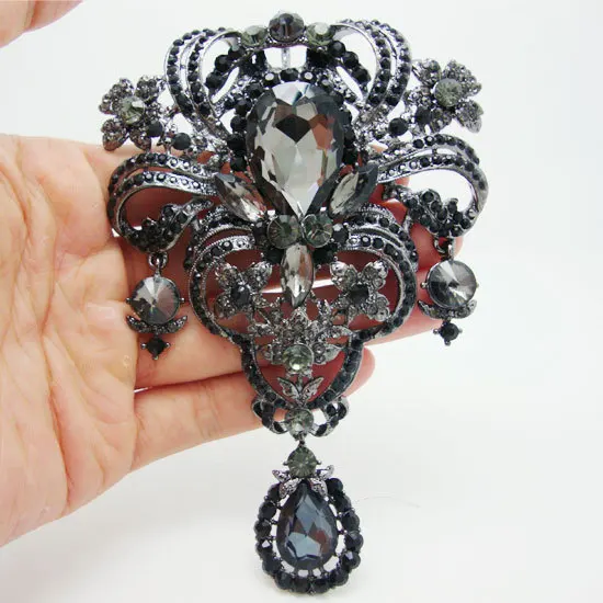 

Huge 5.04" Vintage Style Flower Drop Pendant Brooch Pin Black Rhinestone Crystal