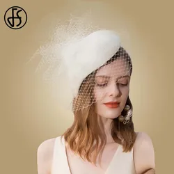 FS Beige White Fascinator Hats For Weddings Church Women Derby Pillbox Hat With Veil Black Fedoras Vintage Ladies Party Elegant