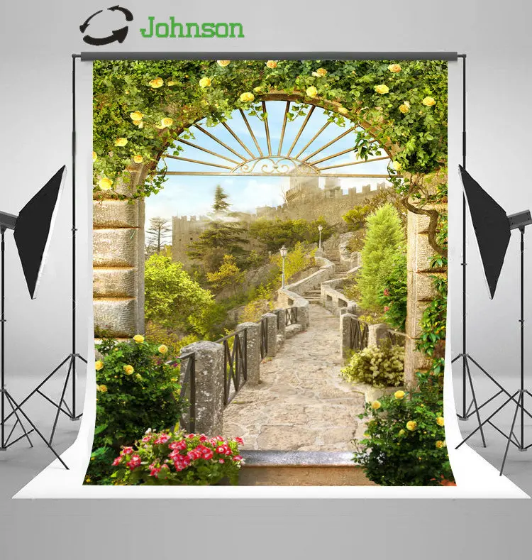 

Village Arch Column Flower Leaves Road photo backdrop polyester or Vinyl cloth High quality Computer print wedding background