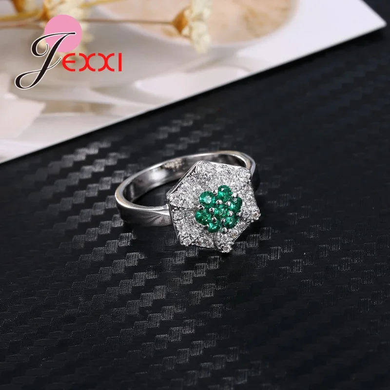 Sexangle Pettern Design with Exquisite Flower in Centre 925 Sterling Silver Cubic Zirconia Crystal Ring