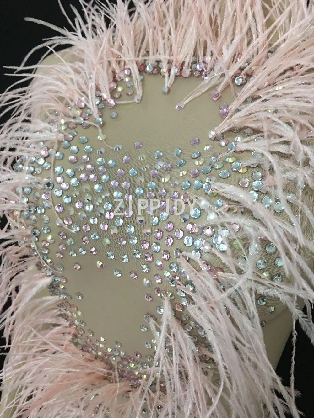 Combinaison transparente en maille avec des strass multicolores, en plumes, tenue de fête d'anniversaire pour femmes, Leggings de chanteur et de danseuse