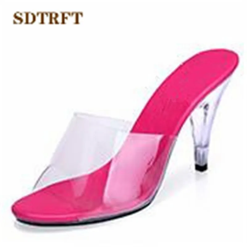 SDTRFT Summer Flip Flops Open Toe Crystal Sandals 10cm Thin Heels Wedding Woman Casual Shoes Crossdresser Pumps PVC Slippers