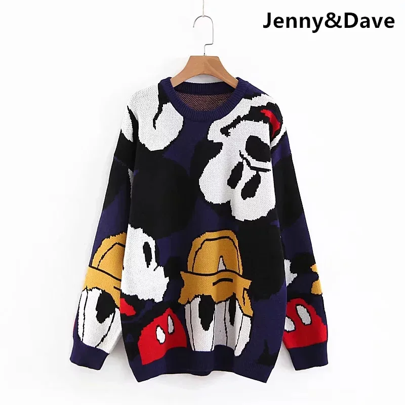 Jenny&Dave 2024 winter sweaters women high street vintage cartoon cute loose o-neck pull femme hiver plus size tops 1021