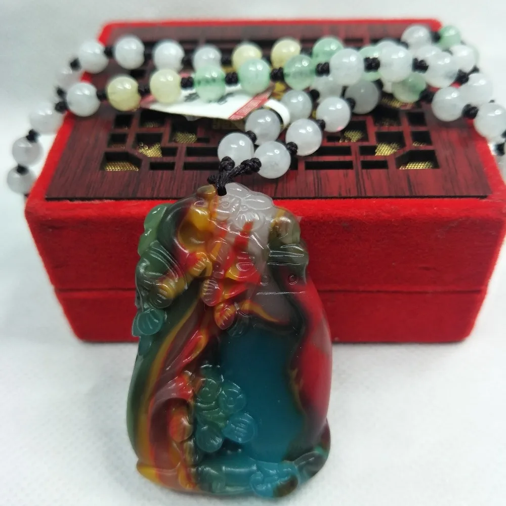 

Zheru Jewelry Pure natural colorful jade carving pine bamboo plum pendant Three-color jade jade beads necklace Send certificate