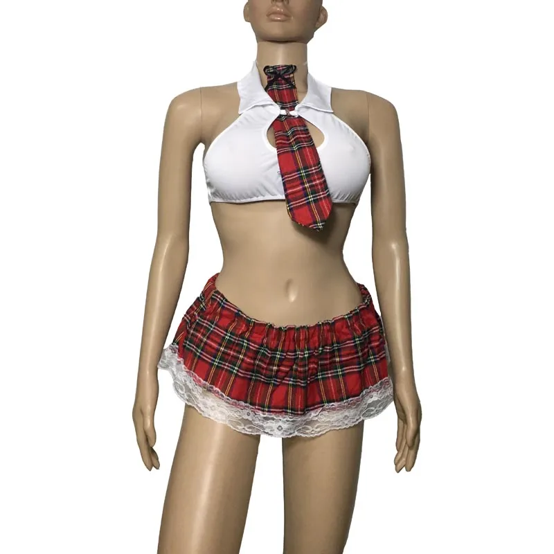 Uniforme de talla grande para niña, uniforme de estudiante de preparación, sujetador a cuadros, Top con ribete de encaje, minifalda, conjunto de disfraz de Lolita, lencería Sexy para mujer