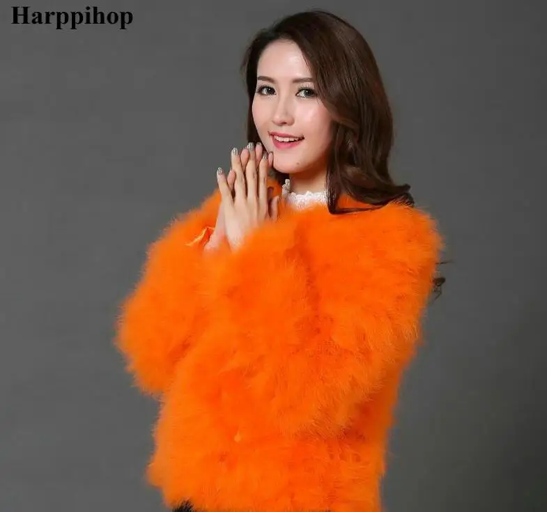 Harppihop 13 Kleuren Fashion Sexy Struisvogel Wol Kalkoen Bont Vrouwen Jas Veer Korte Plus Size Jacket Winter Festival Lange Mouw