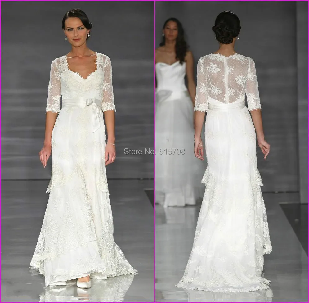 EINE linie Spitze Hochzeit Kleid V ansatz Halbe Ärmeln Sweep Zug Nach Maß Für Elegante Formale Frauen Hochzeit Kleider