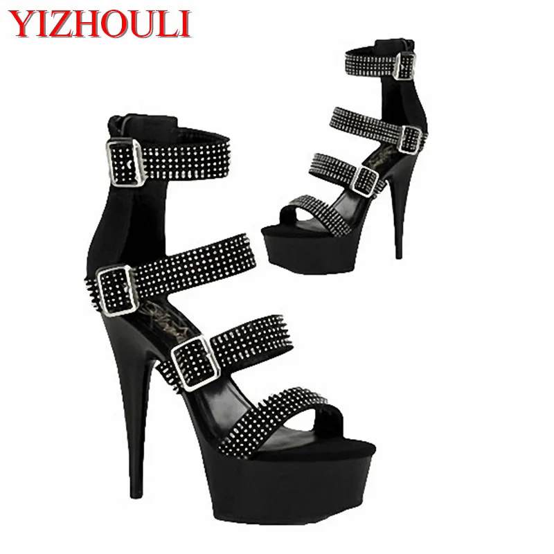 Summer women's platform high-heeled black sequins decorate 15-cm pole dancing sandals with 6-inch dancing shoes