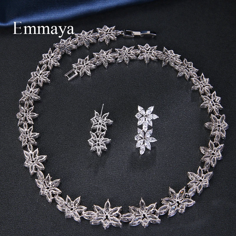 Emmaya Elegant Luxury White AAA Zircon Crystal Flowers Pretty Wedding Necklace Earrings Set For Women Dinner Dress Jewelry Set