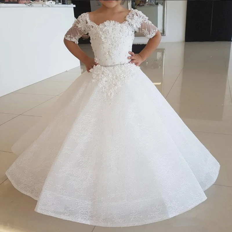 Elegant Flower Girl Dresses Lace Applique Half sleeve Tulle O-Neck Girls First Communion Dress For Ceremony Birthday Party Dress