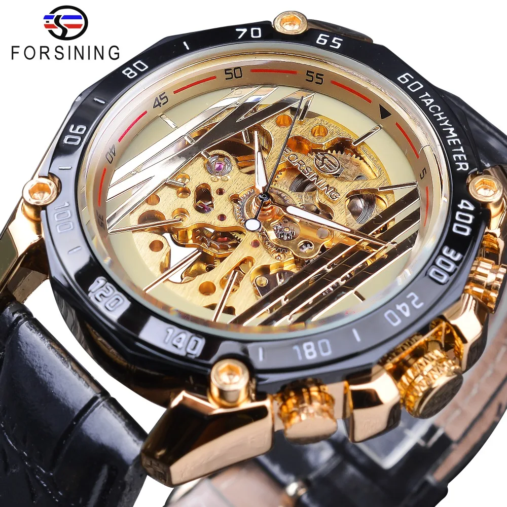 

Forsining 2018 Golden Skeleton Clock Male Men's Automatic Self-wind Wrist Watches Top Brand Luxury Luminous Hands Black Band