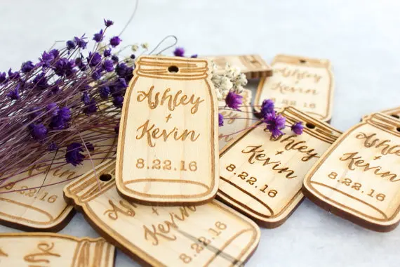 

Engraved custom Mason Jar Rustic Wedding Wooden gift tags invitation Labels cards party engagement bridal shower decorations