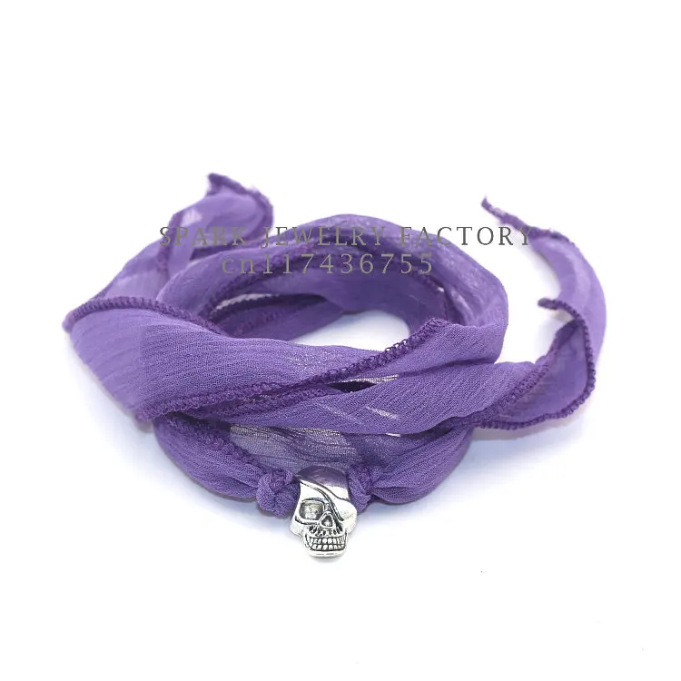 2016 New Arrival 10 Colors Sari Silk Ribbon Wrap Yoga with Pirate Skull Charm Fashion Women Bracelet