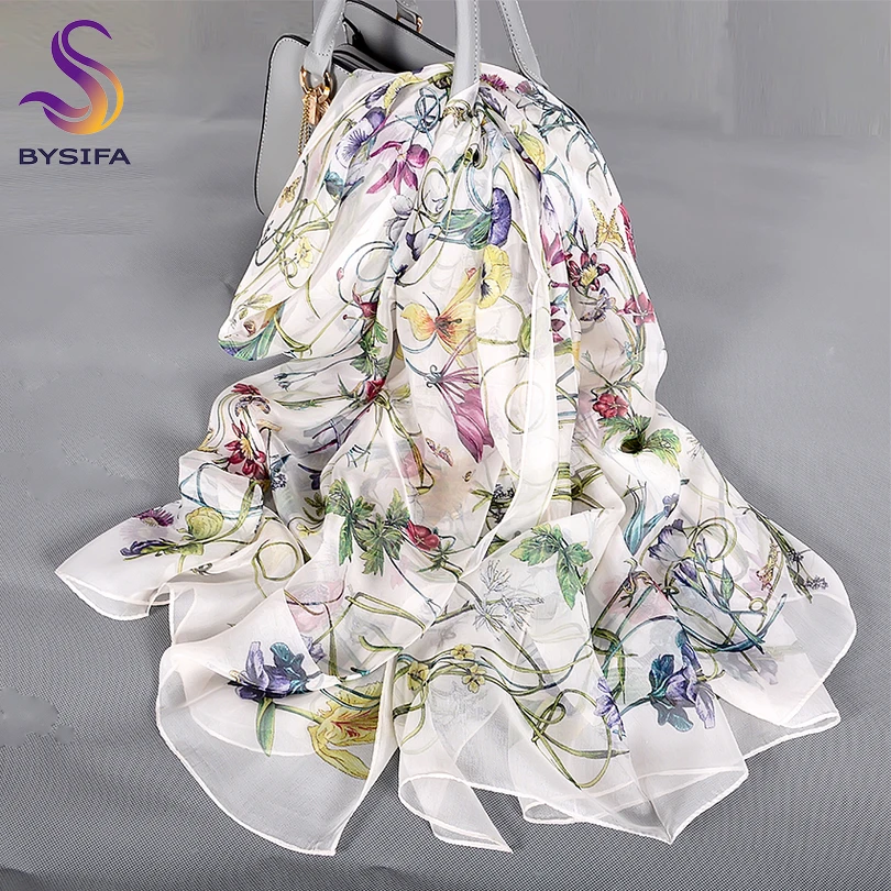 [BYSIFA] White 100% Silk Scarf Cape Fashion Floral Design Long Scarves Women Summer Utralong Beach Shawl Winter Scarves180*110cm