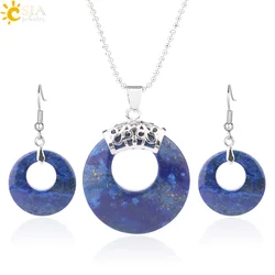 CSJA Natural Gem Stone Lapis Jewelry Set Round Hollow Bead Pendant Necklace Drop Earring for Women Popular Reiki Jewellery  F615