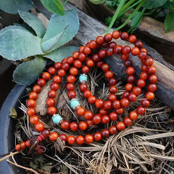 6mm/8mm Natural Indonesian Blood Dragon Wood Beads with Turquoise Beads Buddhism Beads,Meditation Prayer Beads Japa Mala Buddha