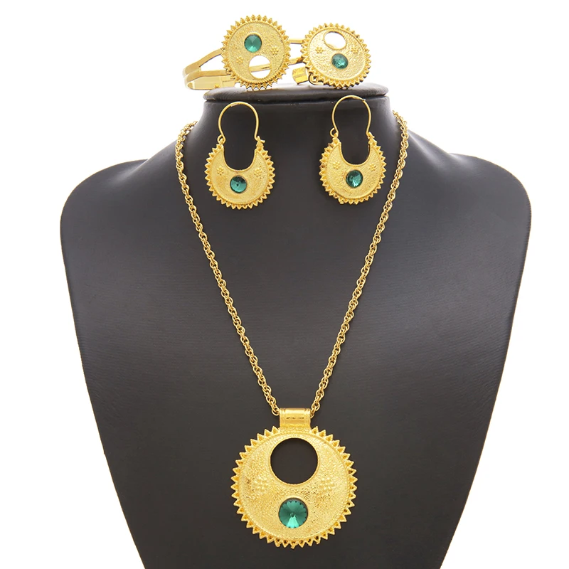 Ethlyn Jewelry Ethiopian sets Necklace Bangle Earrings & Free Size Ring Jewelry sets Gold Color Eritrean Best Holiday Gifts S196