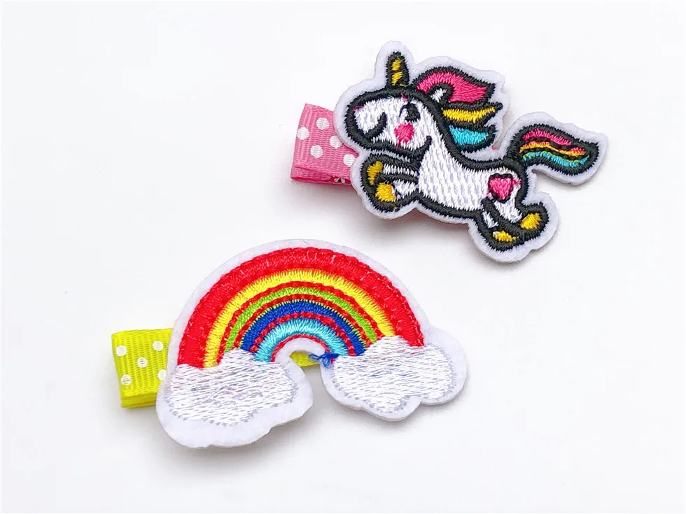 

Boutique 10pcs Fashion Cute Embroidery Unicorn Hairpins Solid Rainbow Horse Hair Clips Princess Headwear ins Hair Accessories