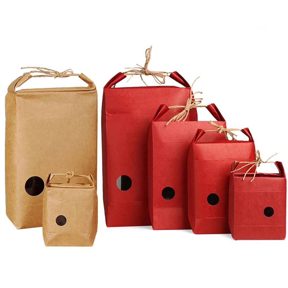 10pcs Moistureproof Red Brown Kraft Paper Gift Bags Box Clear Window Standing Up Kraft Paper Packaging Bag with Rope Handle
