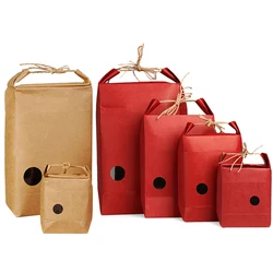 10pcs Moistureproof Red Brown Kraft Paper Gift Bags Box Clear Window Standing Up Kraft Paper Packaging Bag with Rope Handle