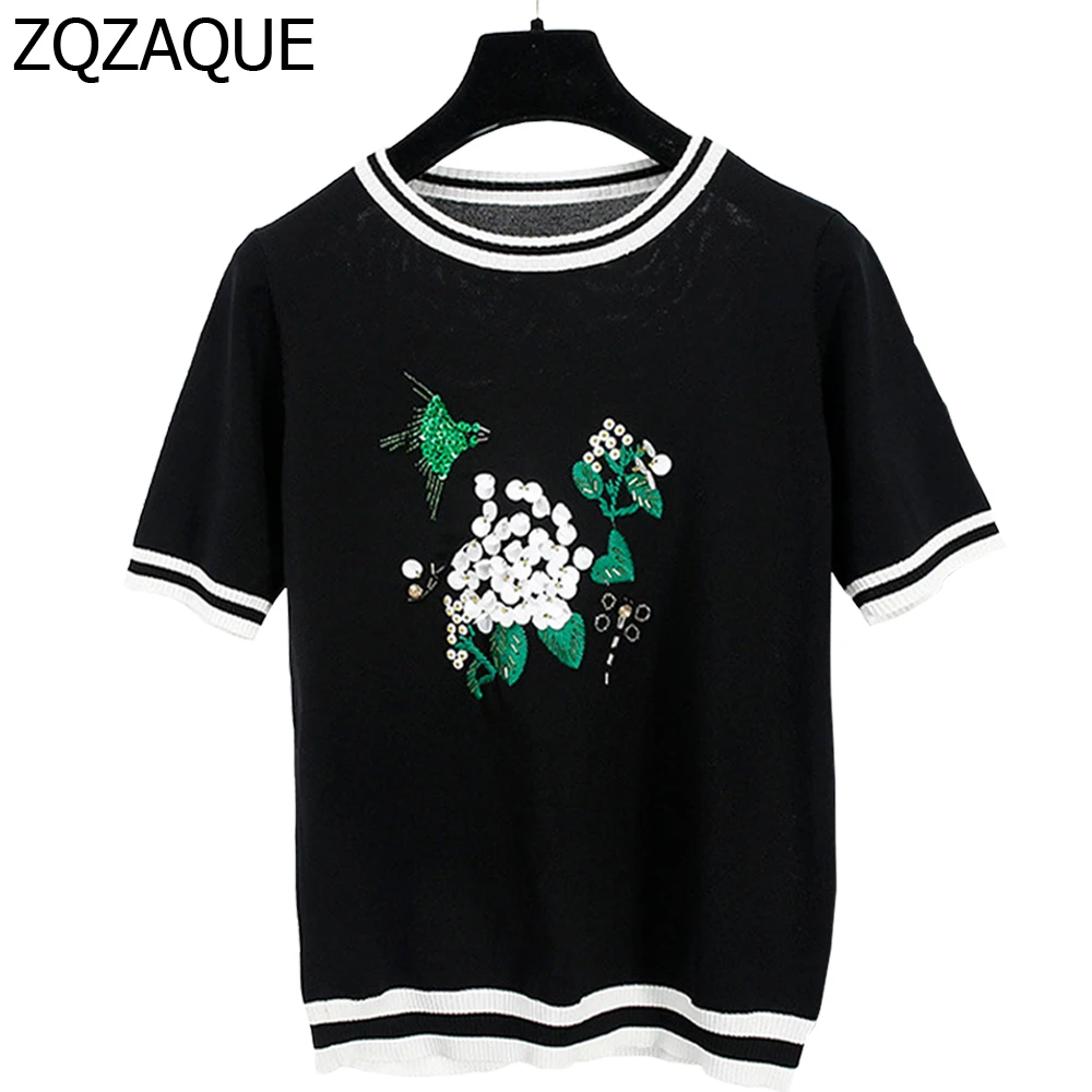 Women's Sequins Beading Tops Birds and Flower Pattern T-shirts Excellent Quality Summer Fashion New Female's Apparel SY1136