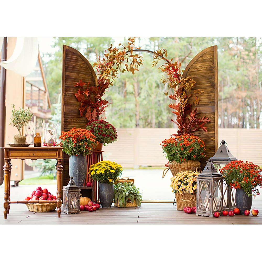 Allenjoy backdrop for photographic studio autumn wedding ceremony flowers pumpkins Vintage door background Romantic photocall