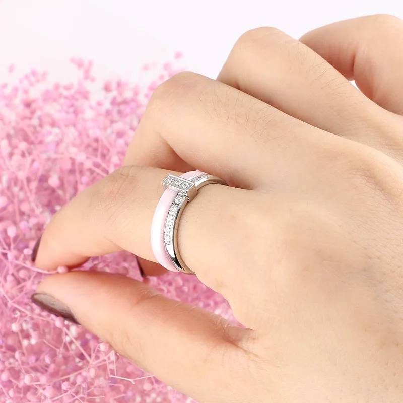 Women Rings 6mm Pink Ceramic Rings CZ Wedding Brand Garden Ring For Women Beautiful Jewelry ague acier inoxydable pour femme