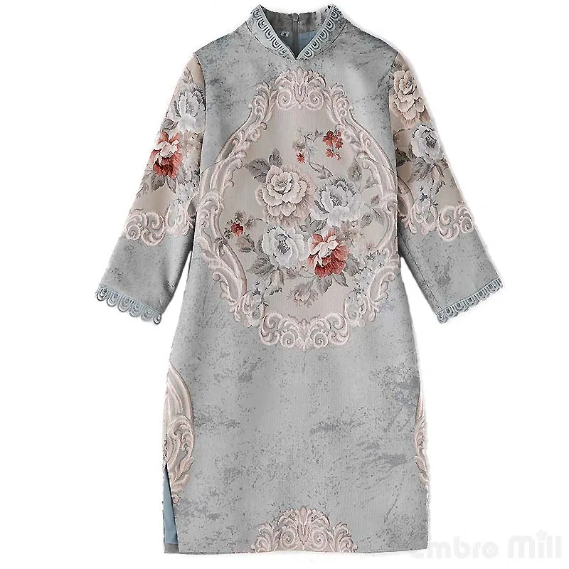 

High-end floral autumn women Chinese style midi dress embroidery dresses plus size elegant slim lady Qipao party dress S-XXXL