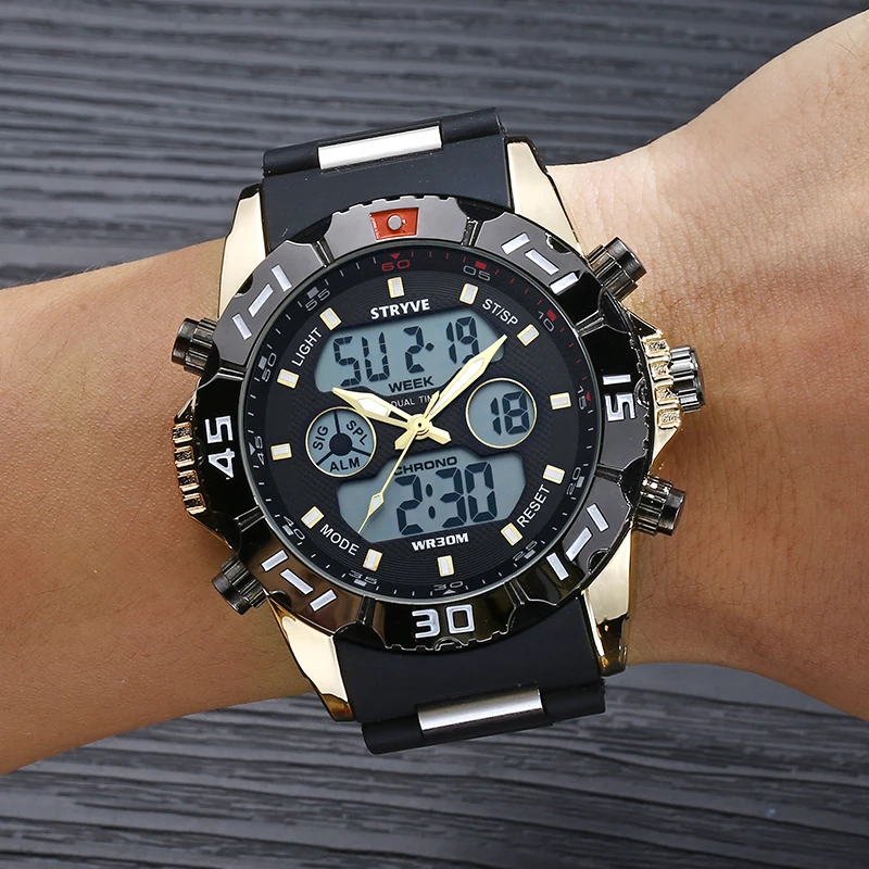 Stryve 8010 marca de luxo dupla exibição quartzo digital masculino relógio led militar dial pesado à prova dwaterproof água relógio do esporte dos homens montre homme