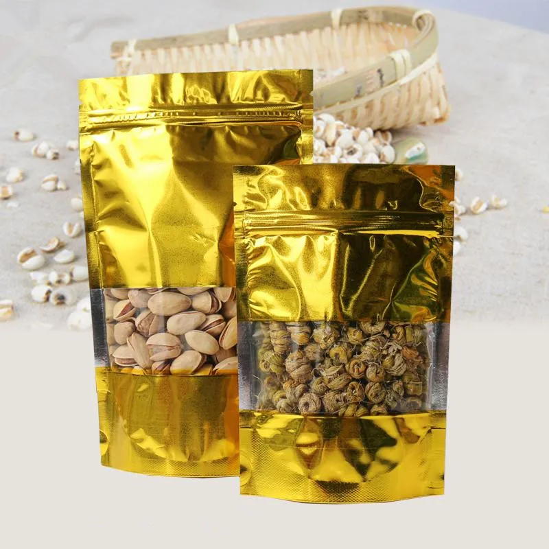 

400Pcs/Lot 16*24cm Snack Clear Gold Doypack Storage Heat Seal Aluminum Foil Pack Bag 6.29"x9.44" Mylar Valve Pouch With Window