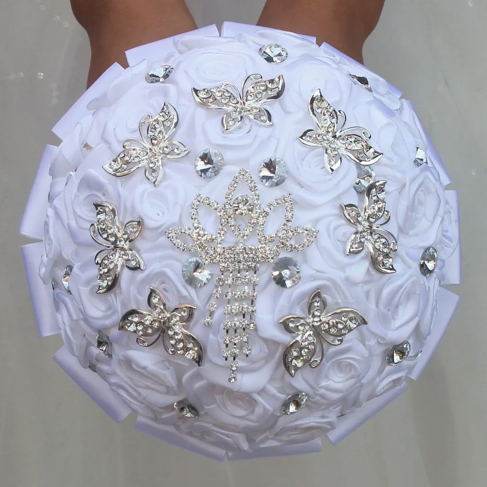 WifeLai-A Handmade Butterfly Crystal Brooch Silk Bridal Wedding Bouquets White Stunning Diamonds Artificial Flower Bouquets W122