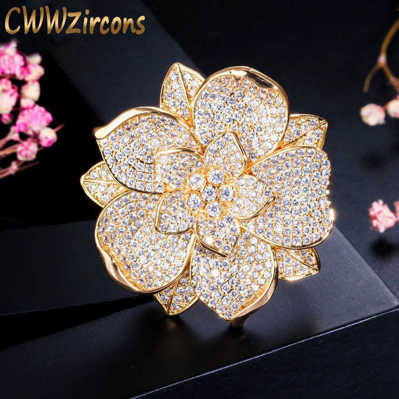 CWWZircons Yellow Gold Color Luxury Women Large Brooch Flower Shape Wedding Party Bridal Costume Jewelry Accessories BH012