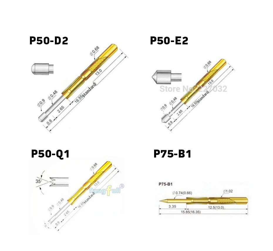 500-teiliges Federprüfspitzen-Set P50/P75/P100 Serie, vergoldete Pogo-Pins für PCB ICT-Tests, 10 Tipptypen, je 50 Stück – Detail 3