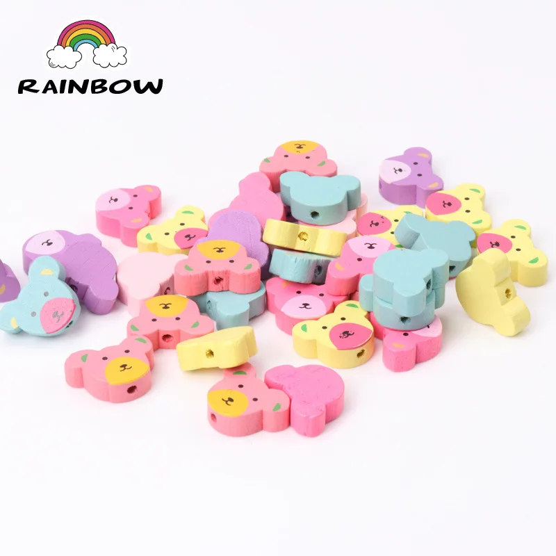 Mixed Colours Bear Pattern Bear Shape Wooden Material Spacer Beads For Jewelry Making DIY 20x15mm 50pcs