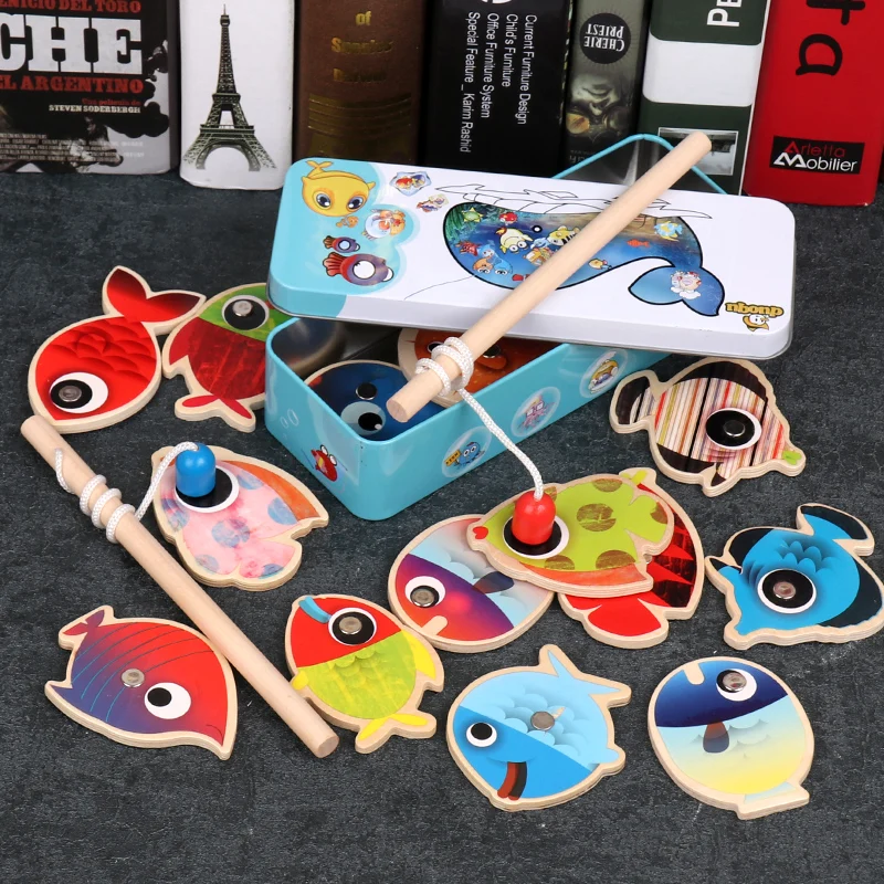 14Pcs Baby Toys Fishing Toys Wooden Magnetic Fish Toy Outdoor Toys Play with Kids Kindergarten Educational Funny Game Boys Girls