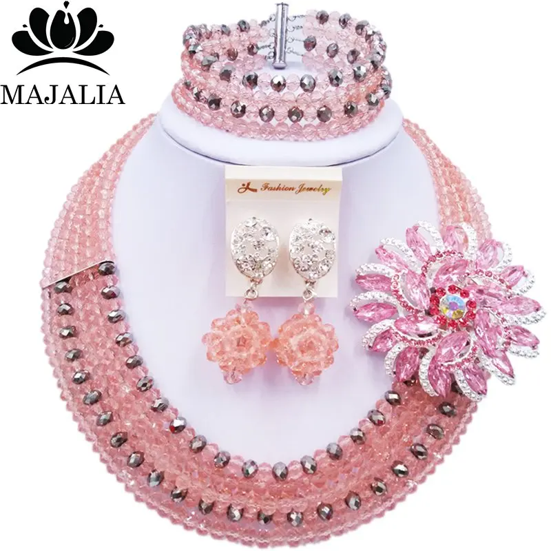 Majalia Peach Crystal Beaded Pretty African Jewelery Set Nigerian Wedding Clothing Jewelery Sets 5ST0017