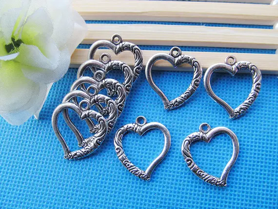 100pcs Antique Silver tone/Antique Bronze Filigree Heart Frame Connector Pendant Charm Finding,DIY Accessory Jewelry Making