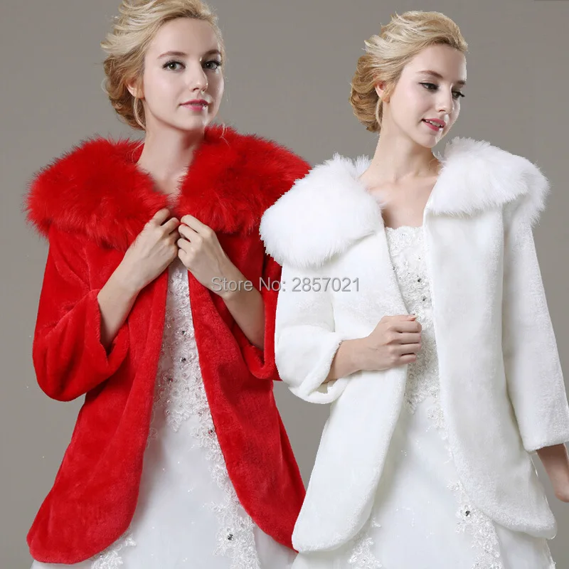 2018 Warm Red White Long Sleeves Faux Fur Winter Bridal Jackets&Wrap with Neck Wedding Accessories Coat Wedding Wrap In Stock