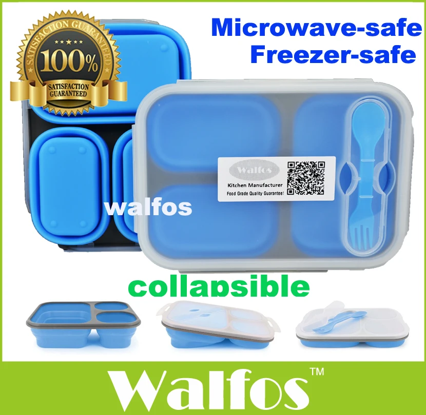 

WALFOS Food Grade Silicone Microwave 3-Compartments Bento Lunch Box Set For Kids Lunchbox Microwaveable Bento Box For Adults