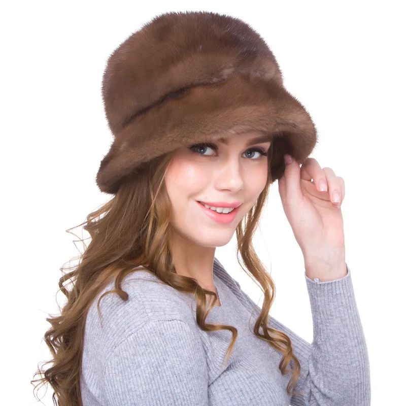 

Luxury Handmade Winter Women's Genuine Wholeskin Mink Fur Fedoras Hats Adjustable Belt Lady Warm Caps VF5046
