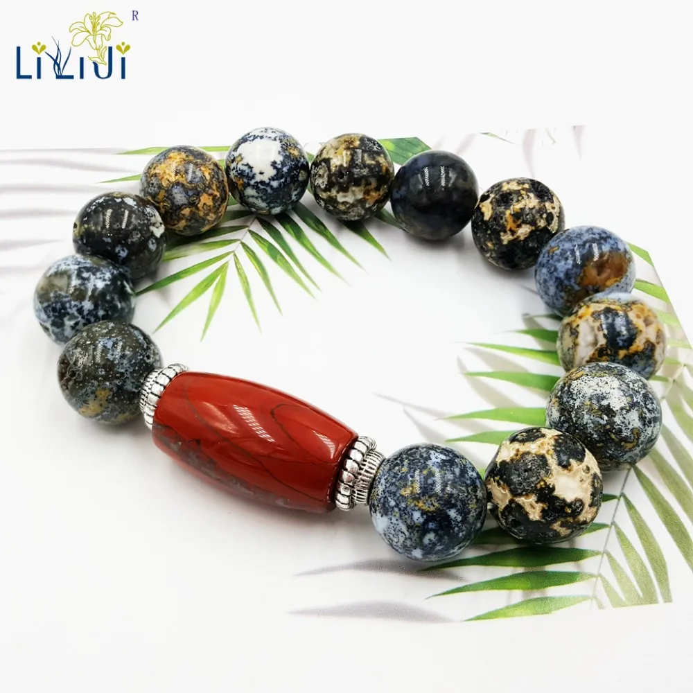 LiiJi Unique Natural Stone Ocean Agates 14mm Red Jaspers Charm Fashion Men Bracelet Approx 21cm/8.25inches