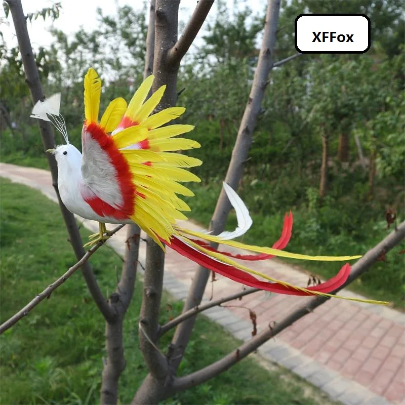 new real life white-red-yellow long tail bird model foam&feather simulation Phoenix bird gift about 40x30cm xf1132