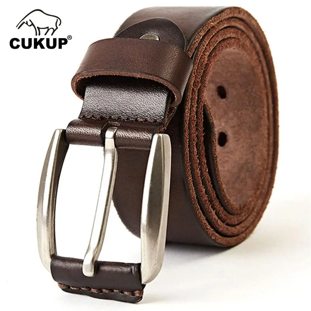 

CUKUP Mens Top Quality Solid Cowskin Leather Belts Cover Pin Buckle Metal Man Casual Styles Jeans Belt for Men 38mm Width NCK305