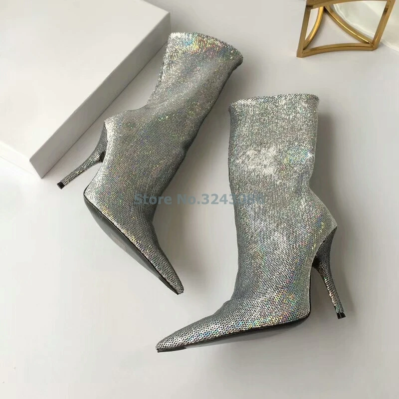 Pointed Toe Metallic Over The Knee Boots Rose Gold Silver Patent Leather Mirror Effect Stiletto Heel Long Boot Night Club Shoes