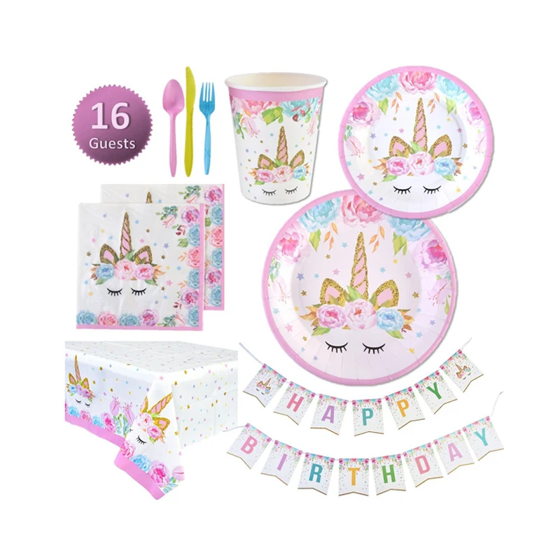 Unicorn Party Supplies Girls Birthday Decorations Set Decor Theme Magical Rainbow Princess Tableware Pack (Serves 16)